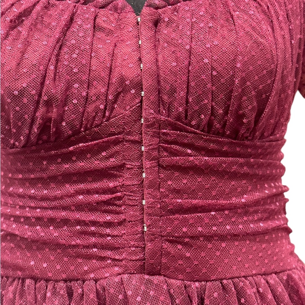 Lulus Sweet Amour Burgundy Tulle Swiss Dot Tiered Bustier  Midi Dress Size Large - Picture 7 of 13